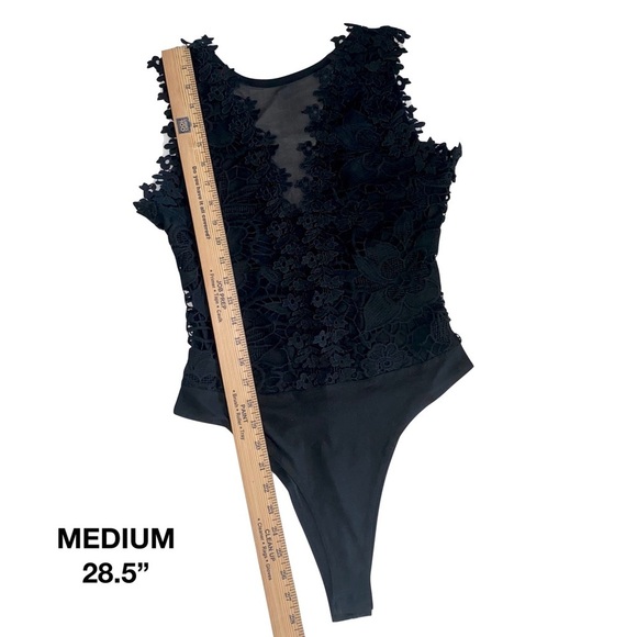 NEW Black Floral Crochet Dressy Bodysuit Deep-V Sheer Front & Back Size S & M - Picture 15 of 15